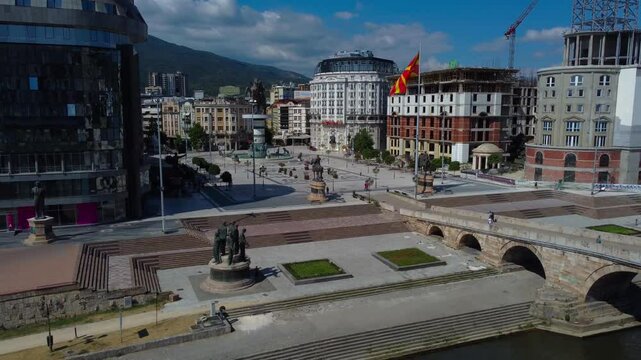 Drone retreating from Macedonia Square in Skopje City Centre - Macedonia