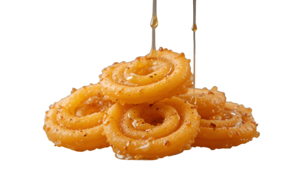 Spiral-shaped, deep-fried jalebis dripping with syrup, isolated on a transparent background. Ideal for Indian sweets promotions, restaurant menus, and cultural food illustrations. - Powered by Adobe