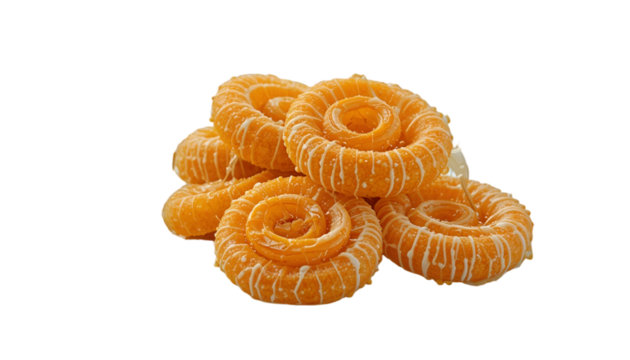 Spiral-shaped, deep-fried jalebis dripping with syrup, isolated on a transparent background. Ideal for Indian sweets promotions, restaurant menus, and cultural food illustrations. - Powered by Adobe