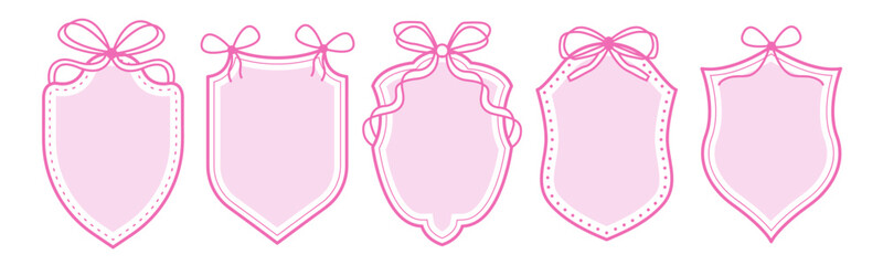 Set of vintage label and badges shape with bow. Protect shield security frame. Elegant coquette borders