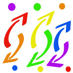 Rainbow colored arrows and dots create a dynamic visual, suggesting movement, direction, and choices