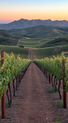 Obraz premium Vineyard rows lead to distant mountains at sunset. Serene landscape