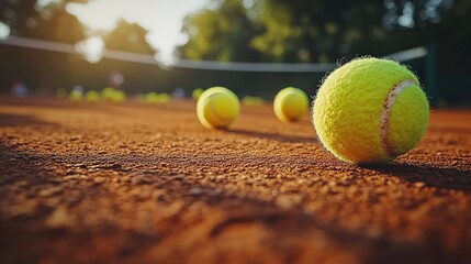 Vibrant close-up of tennis balls resting on a sunlit clay court highlighting the texture and atmosphere of the sporting environment