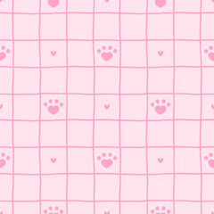 Vector seamless pattern with paw prints, animals, and checkered grid design. Great for wrapping paper, textiles, and children room decor. Playful, modern, and adorable