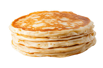 Stack of fluffy golden pancakes isolated on white background, cut out