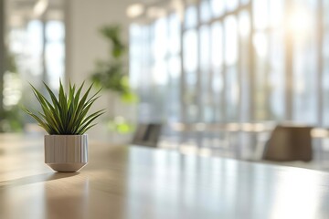A light-colored cylindrical pot containing a small green plant sits on a light wood table. The background is a blurred modern office interior with large windows