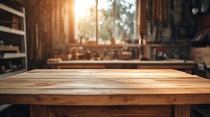 Wooden table set in a small workshop tools craftsmanship woodworking.