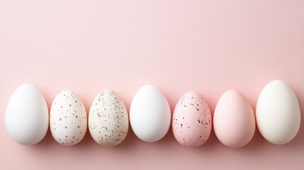 Decorative eggs arranged in a row on a pastel pink background for festive celebrations and springtime decor ideas