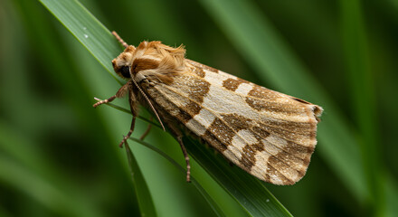 Obraz premium Detailed close-up of Olethreutid moth resting on vibrant green blade of grass