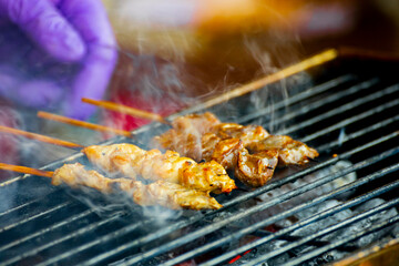 several meat skewers sizzle on the charcoal grill