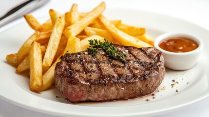 A delicious plate featuring grilled steak, golden fries, and a small bowl of dipping sauce, garnished with herbs.