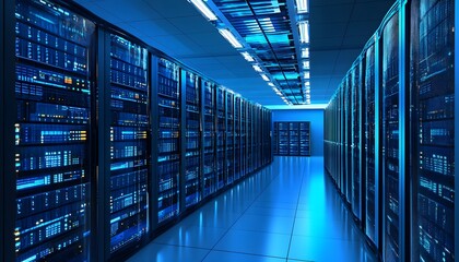  Network and internet communication technology concept, showcasing a data center interior with server racks and telecommunication equipment.