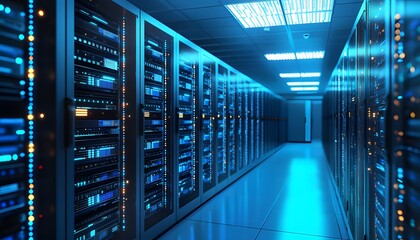 Network and internet communication technology concept, displaying a data center interior with server racks and telecommunication equipment.