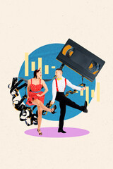 Art image vertical photo collage of two excited girl guy couple dance together pinup party relax nostalgia celebration cassette