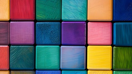 Fototapeta premium Array of Vibrantly Colored Wooden Blocks in a Spectrum: A Creative Background for Diverse Inspirations