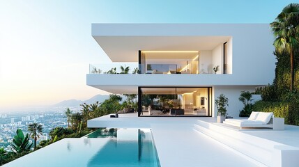 Fototapeta premium Modern white house with infinity pool overlooking city.