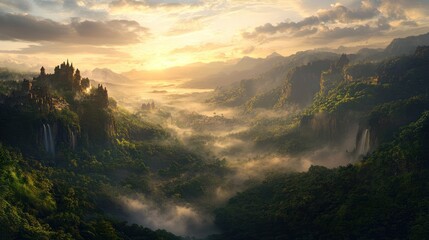 Majestic sunset over misty valley castle