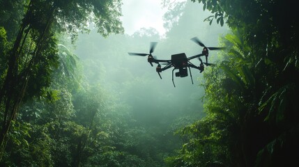 Fototapeta premium A next gen AI powered wildlife conservation drone system, tracking endangered species in a dense rainforest with real-time data analysis, Environmental tech style