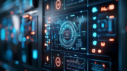 Glowing digital interface showcasing dynamic power transmission smart grid controls and AI driven renewable energy distribution and optimization