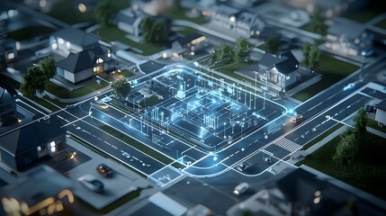 A futuristic visualization of a cybernetic smart city grid displaying an interconnected network of renewable energy nodes real time electricity monitoring
