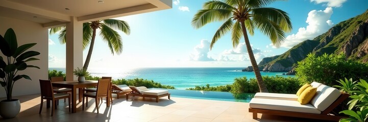 Sun-drenched patio, ocean vista, palm trees sway , Luxury, seating