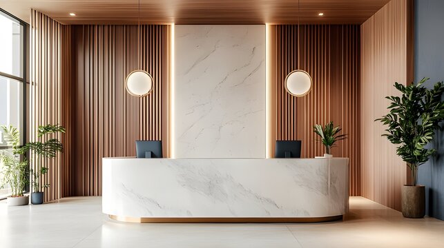 Elegant minimalist interior of a hotel lobby or reception area for a beauty salon, spa, or private medical clinic featuring a marble counter.