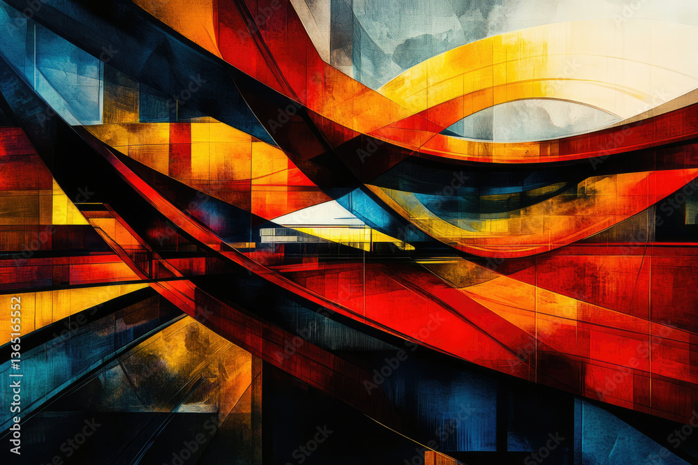 Poster abstract artwork featuring vibrant red, orange, and blue hues, dynamic curves and geometric shapes c
