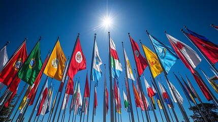 Global flags waving, sunny sky, outdoor display