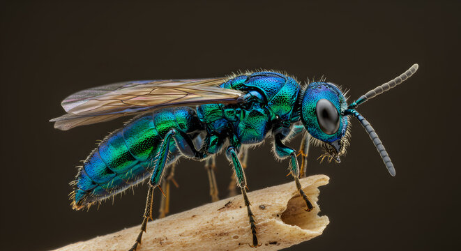Detailed macro shot of a brilliant emerald and sapphire parasitoid wasp on twig
