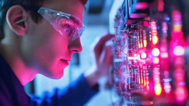 A quantum computing researcher exploring quantum cryptography for ultra secure communications, research lab with quantum computers, encryption systems
