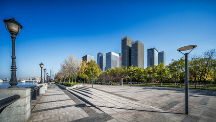 Urban Promenade with Modern City Skyline