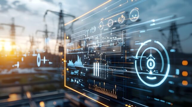 A visually striking smart grid interface showcasing real time energy consumption data renewable power input and optimized energy distribution paths across a complex power grid system