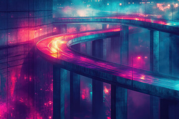 Obraz premium Neon-lit highway curves through a foggy cityscape at night, showcasing vibrant light trails and futuristic aesthetics.