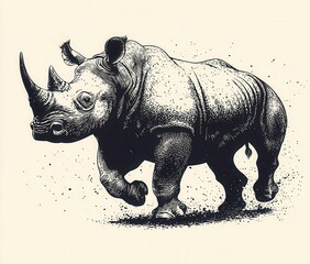 Fototapeta premium A beautifully illustrated rhinoceros in motion, showcasing strength and grace in a striking black and white design. Isolate on white background, Copy space, commercial use