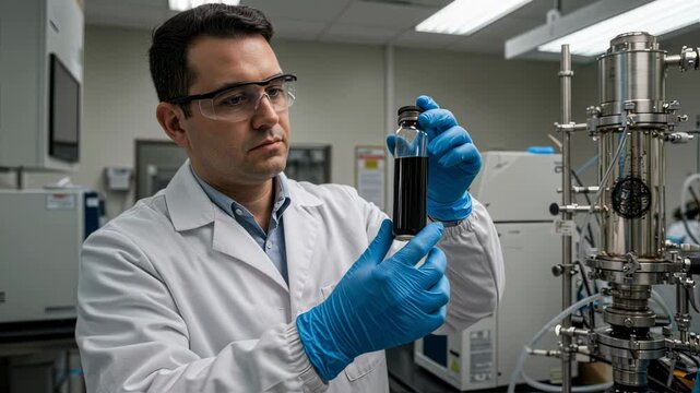 Scientist in lab coat and safety glasses examining crude oil sample in glass vial inside modern laboratory, emphasizing petroleum research and quality control processes