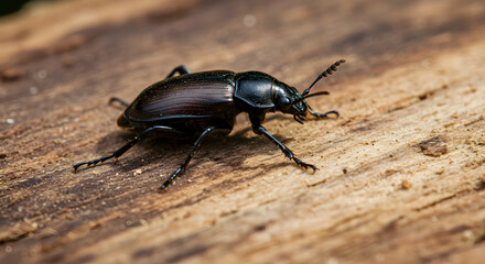Detailed close-up of a shiny black beetle on a textured wooden surface