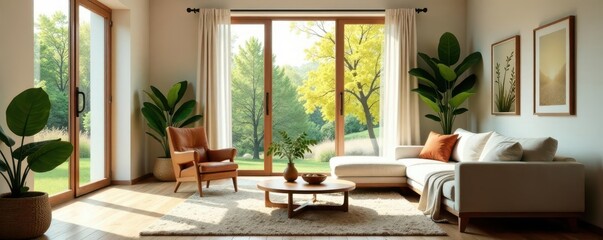Serene living room, eco-friendly decor, natural light , clean lines, view