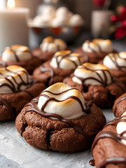 Close-up of warm chocolate cookies, soft marshmallow toppings gently melting, drizzled with smooth chocolate, captured in a holiday kitchen scene