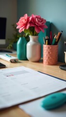 Sharp focus on a desktop organizer with various office items meticulously placed , close-up, devices