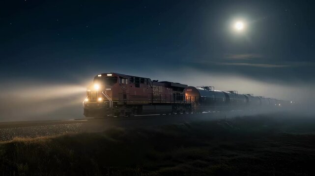 Freight train carrying tank cars moves through fog under the moonlight at night, symbolizing fuel transportation, industrial logistics and the quiet power of nighttime movement