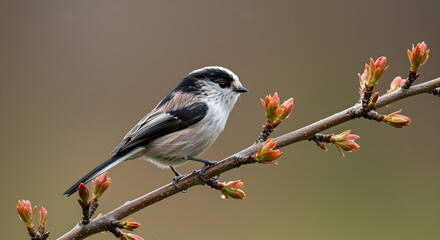 Delicate long-tailed tit perched gracefully on a budding spring branch