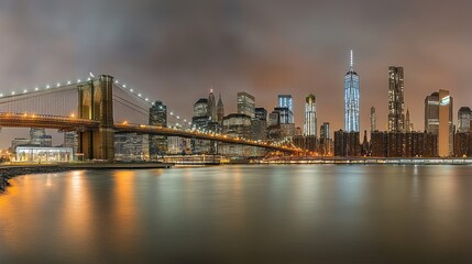 Fototapeta premium Night view of New York City skyline with Brooklyn Bridge (1)