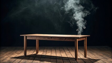 Wooden Table with Rising Smoke on Dark Background – Mysterious Dramatic Scene