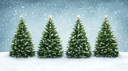 Four decorated christmas trees standing in falling snow on a snowy ground