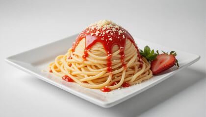 Spaghetti ice cream with strawberry topping