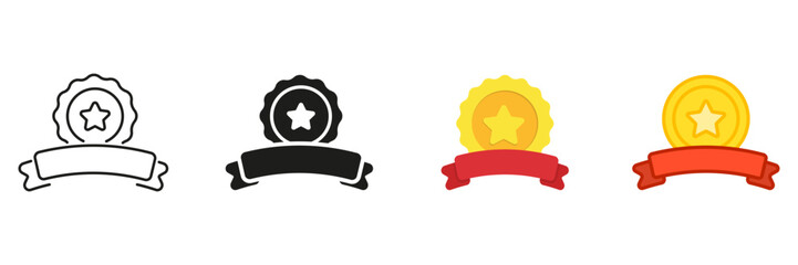 Badge With Star And Ribbon Line And Solid Icon Set. Award Emblem Symbol Collection. Isolated Vector Illustration