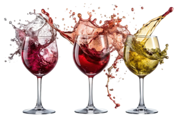 Three glasses of wine with splashing liquid in a transparent background