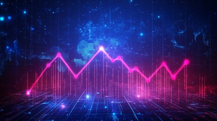 Fototapeta premium Abstract Pink Line Graph Overlay on Blue Digital Grid Background