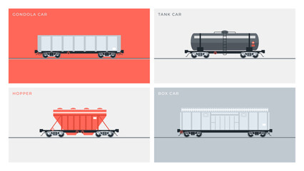 Freight railway wagons: gondola, tank, hopper, boxcar. Vector illustration for presentations, annual reports, brochures, websites, albums, booklets, and the like