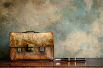 Vintage leather briefcase and elegant fountain pen rest on a rustic wooden surface against a textured wall.